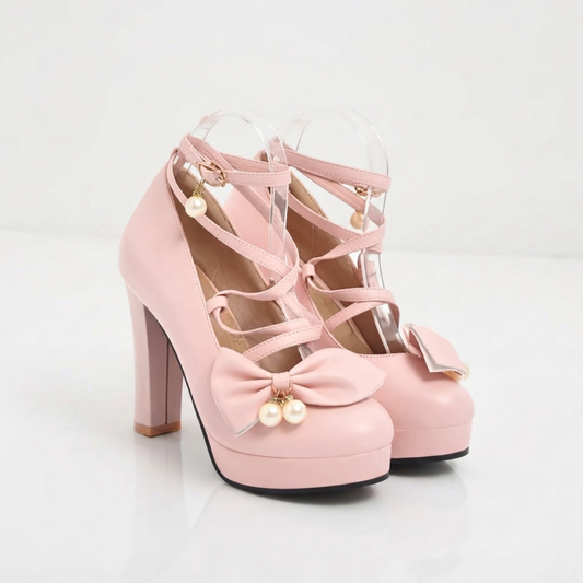Women's Platform Block Heels – Bow & Pearl Cross-Strap Detail