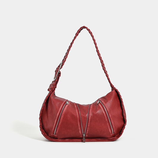 Women's Shoulder Bag – Braided Strap Hobo with Multi-Zip Detail