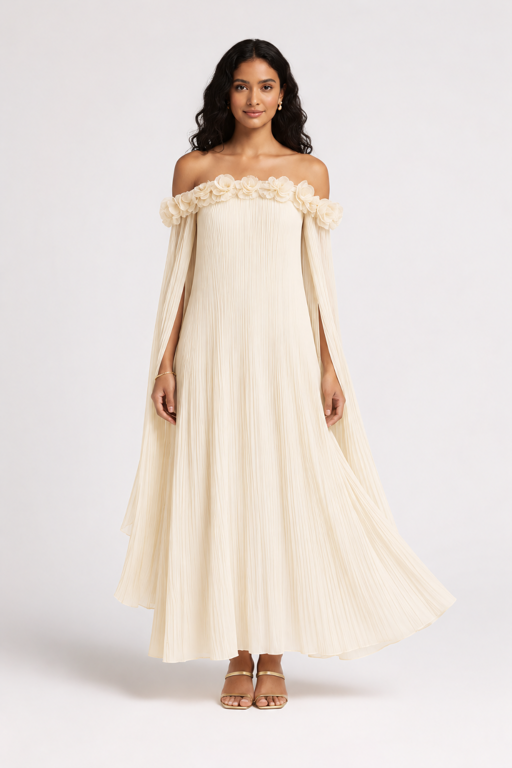 Romantic Off-Shoulder Pleated Maxi Dress – Flowing Silhouette & Floral Neckline Detail