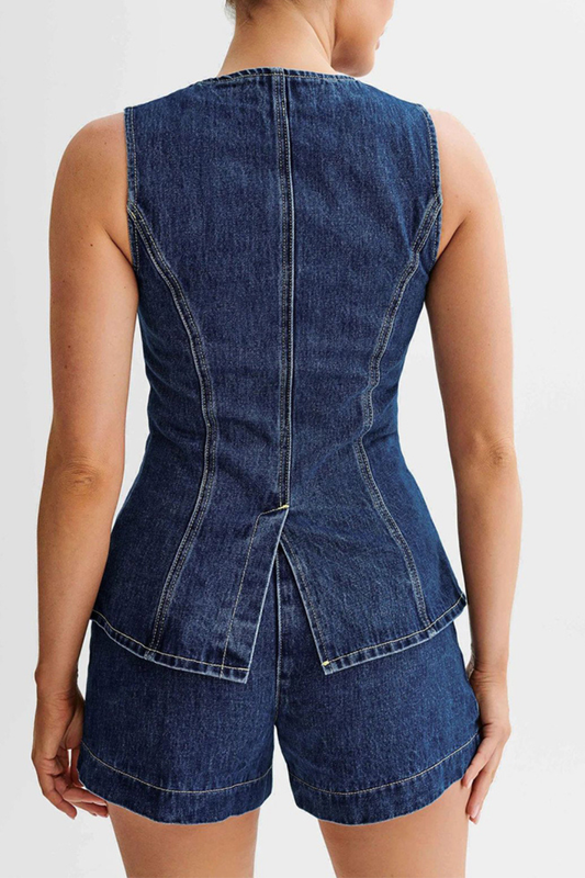 Refined Sleeveless Denim Two-Piece Set – Button-Up Vest Top & High-Waist Shorts