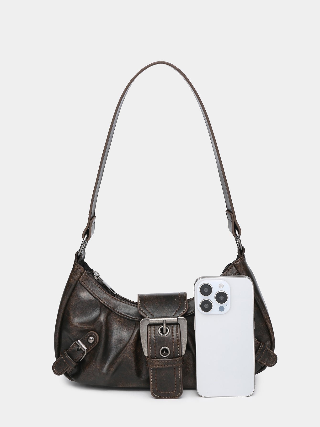 Women's Distressed Faux Leather Hobo Bag – Ruched Buckle Detail