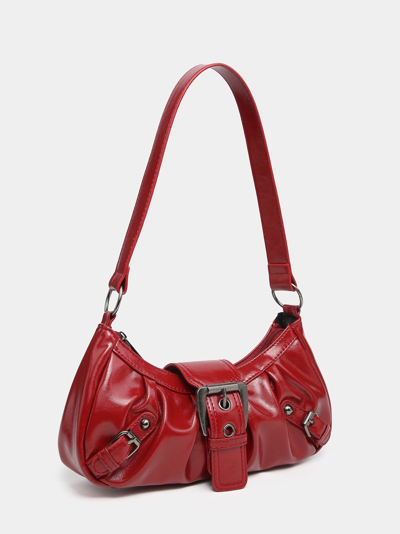 Women's Distressed Faux Leather Hobo Bag – Ruched Buckle Detail