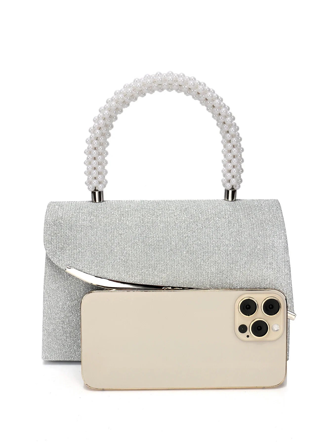 Women's Sequin Evening Bag – Pearl Top Handle & Crystal Clasp Detail