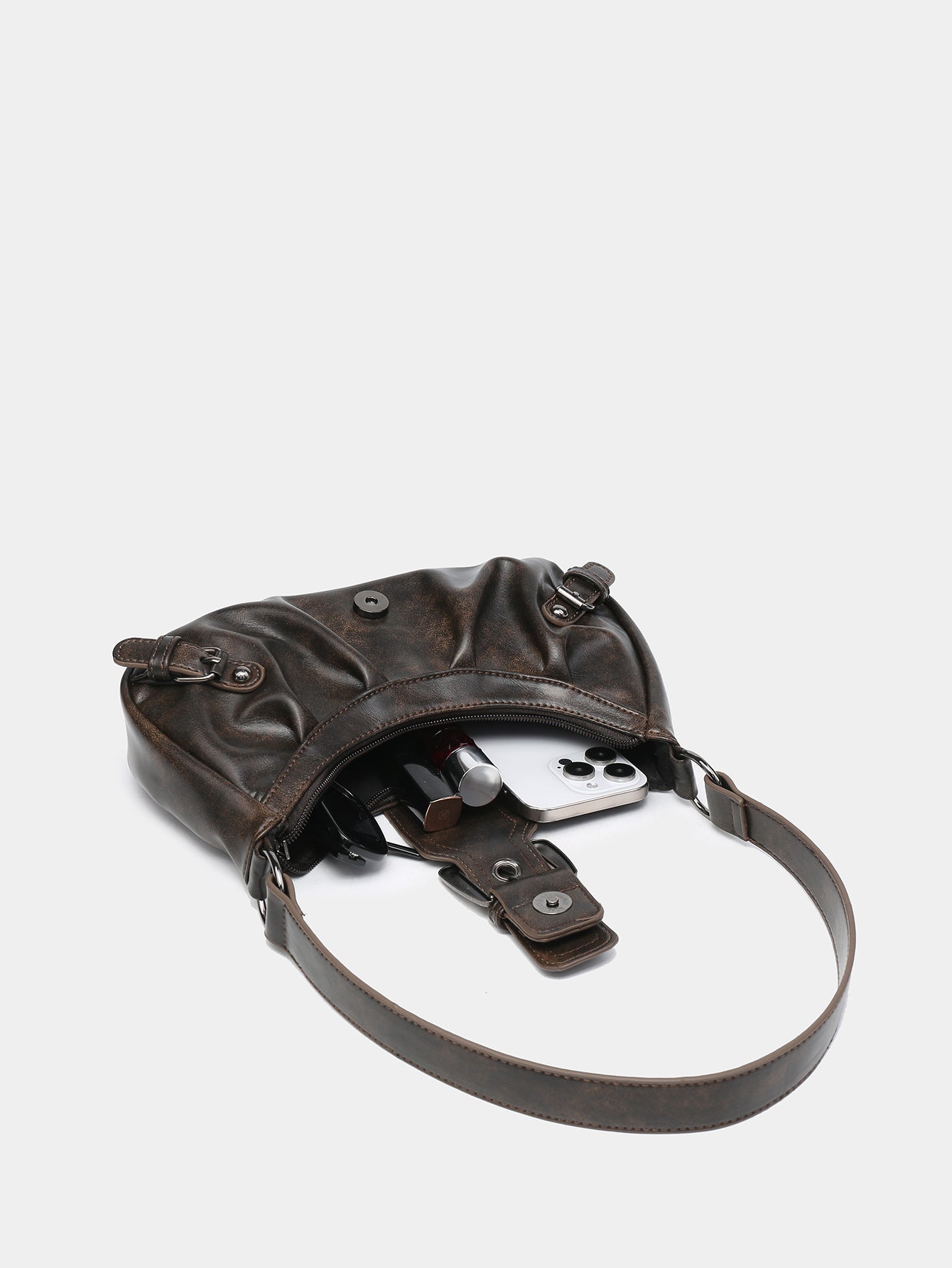 Women's Distressed Faux Leather Hobo Bag – Ruched Buckle Detail