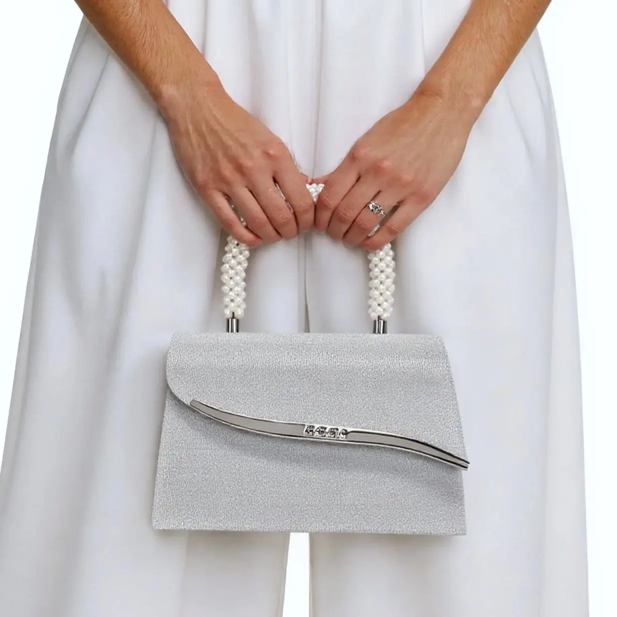 Women's Sequin Evening Bag – Pearl Top Handle & Crystal Clasp Detail