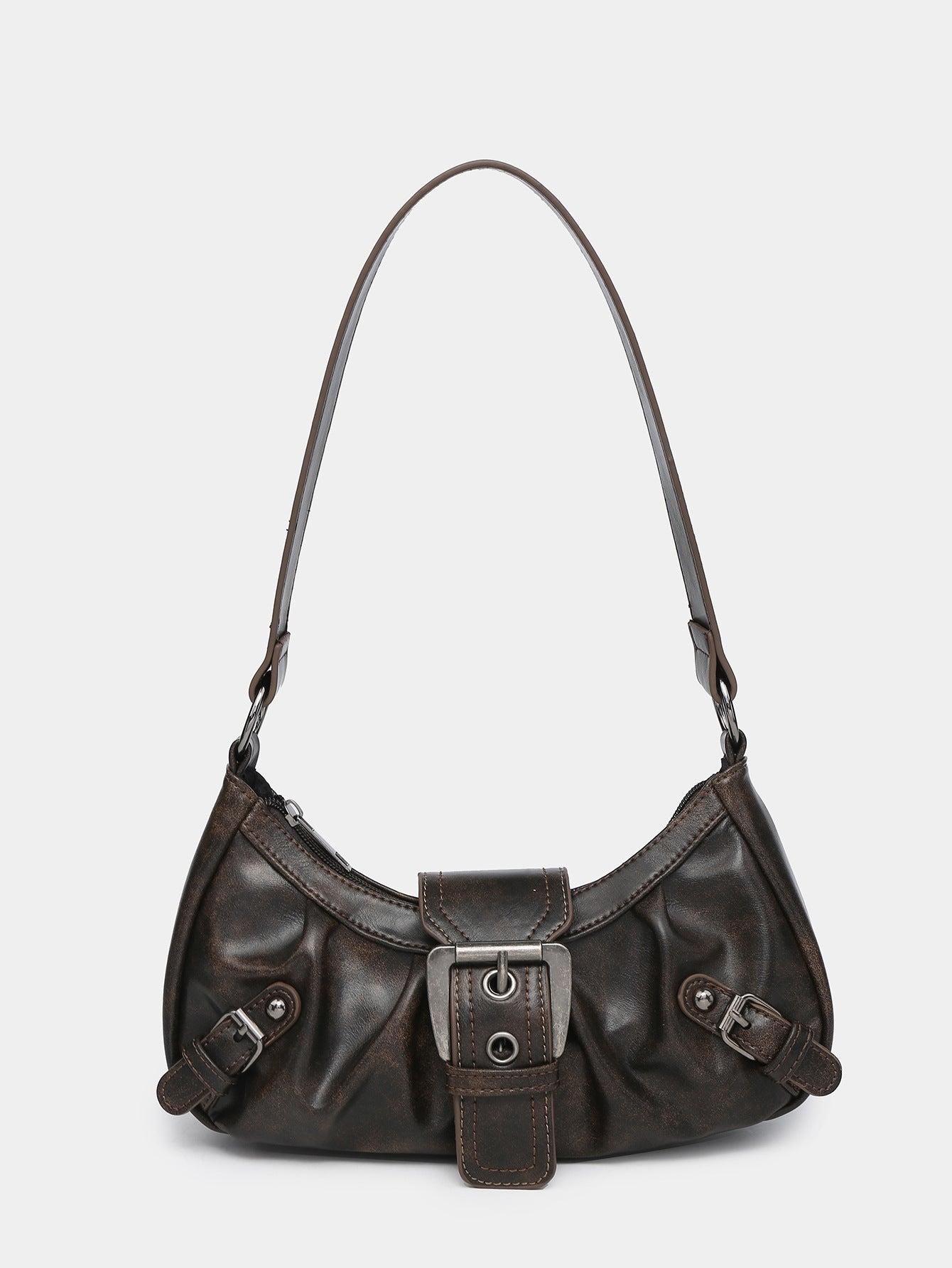 Women's Distressed Faux Leather Hobo Bag – Ruched Buckle Detail
