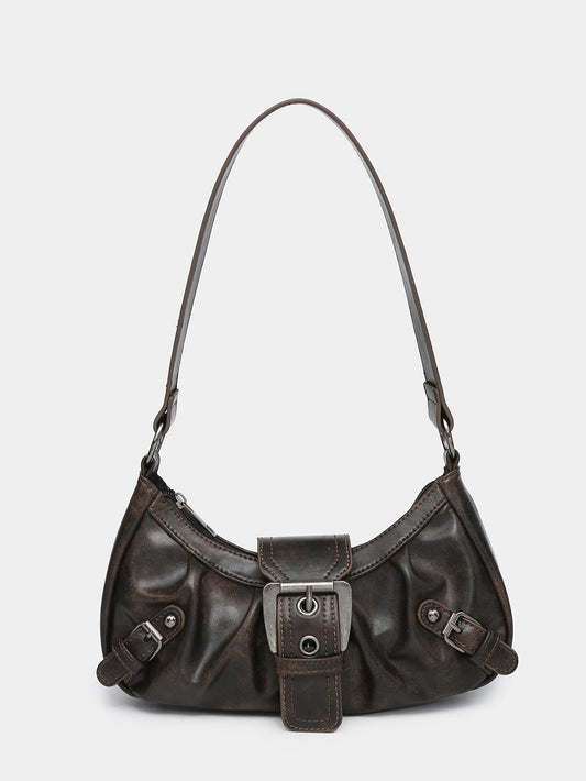 Women's Distressed Faux Leather Hobo Bag – Ruched Buckle Detail