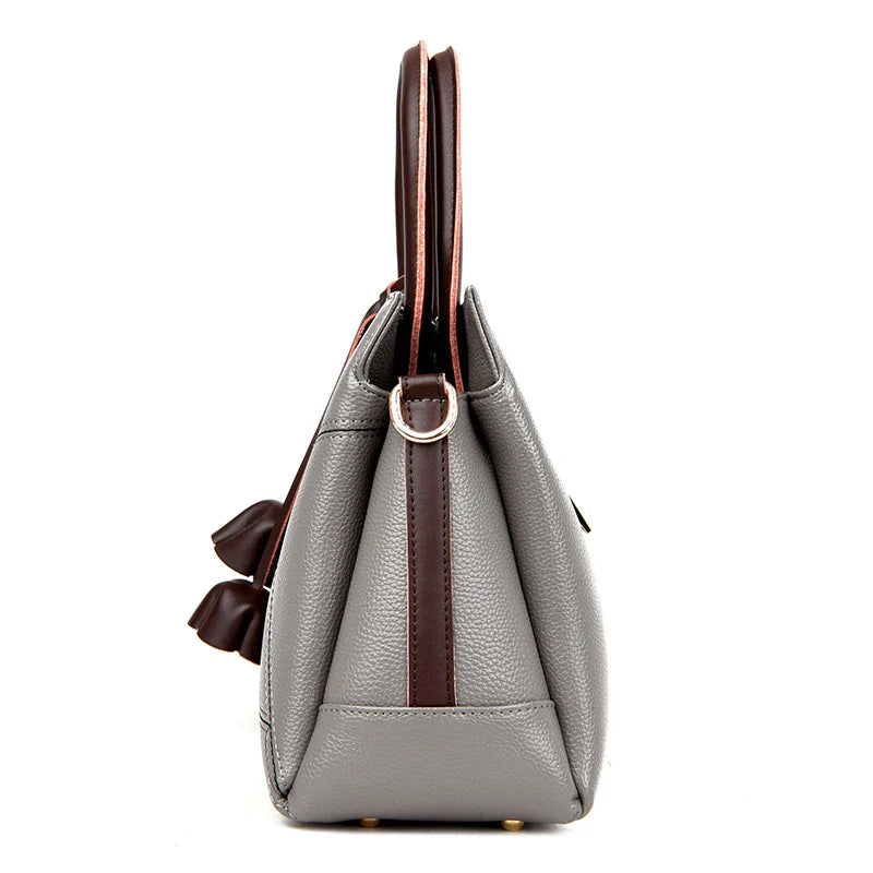 Women's Geometric Patchwork Tote – Structured Top Handle Bag with Tassel Charm