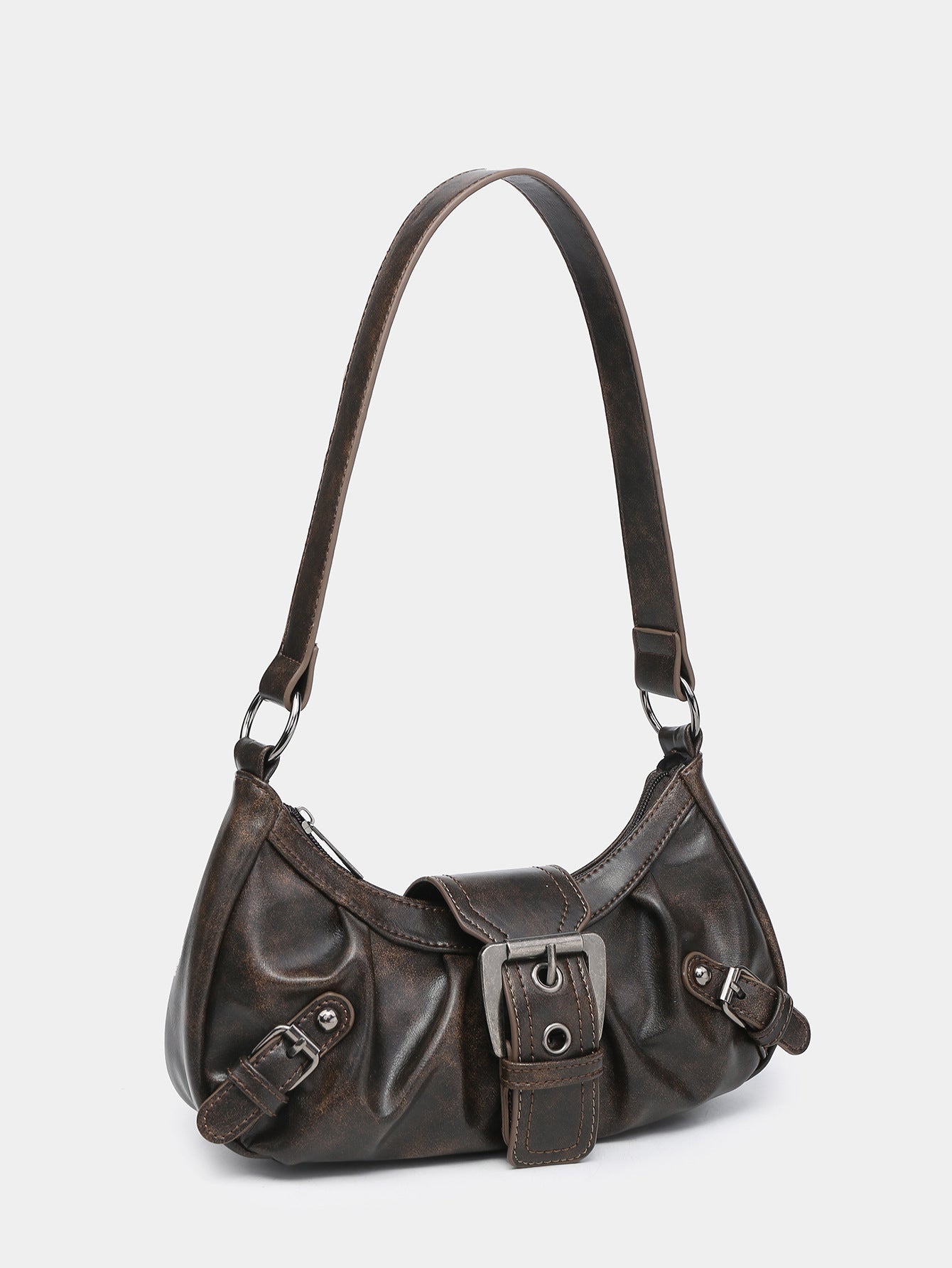 Women's Distressed Faux Leather Hobo Bag – Ruched Buckle Detail