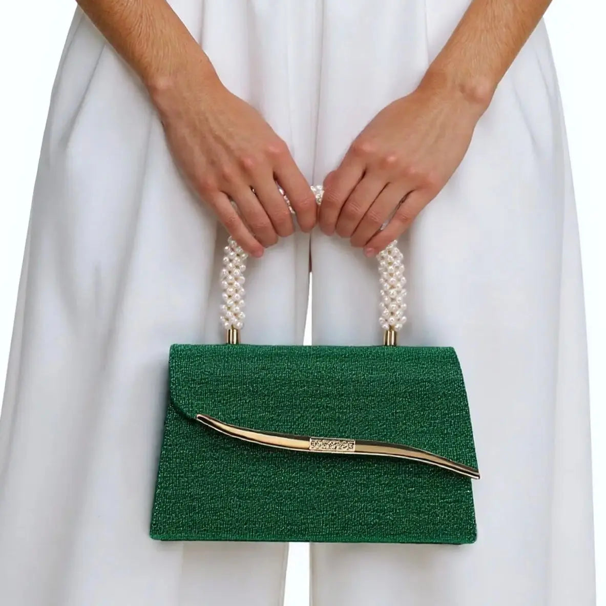 Women's Sequin Evening Bag – Pearl Top Handle & Crystal Clasp Detail