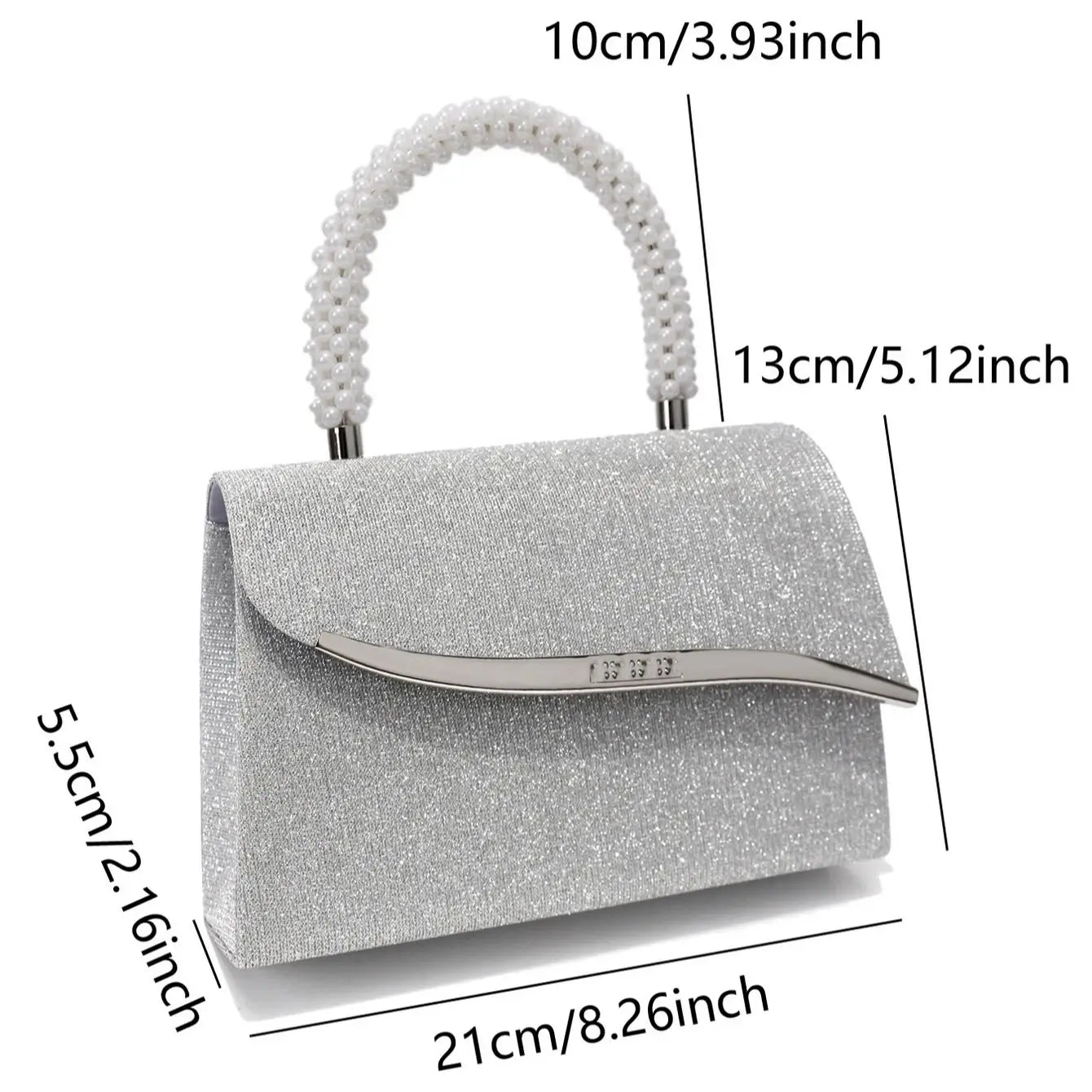 Women's Sequin Evening Bag – Pearl Top Handle & Crystal Clasp Detail