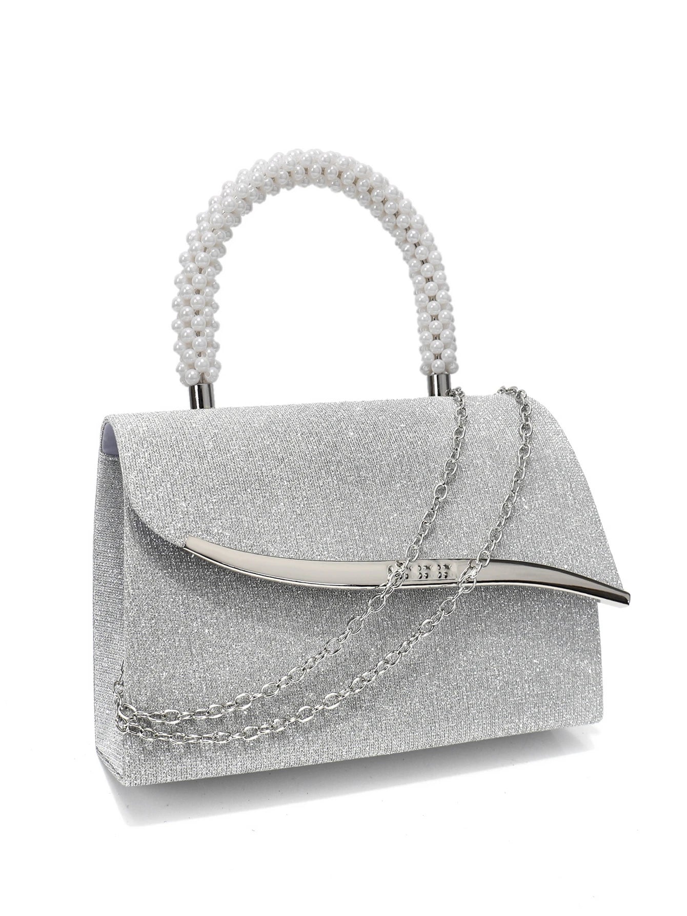 Women's Sequin Evening Bag – Pearl Top Handle & Crystal Clasp Detail