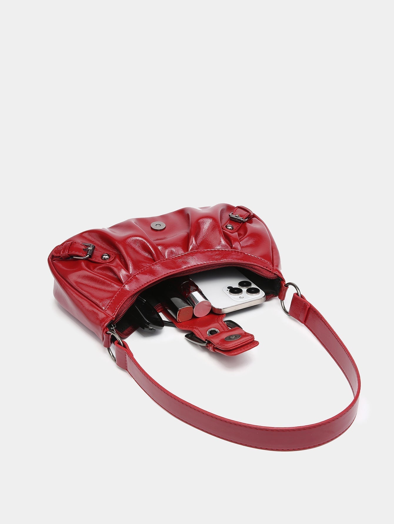 Women's Distressed Faux Leather Hobo Bag – Ruched Buckle Detail