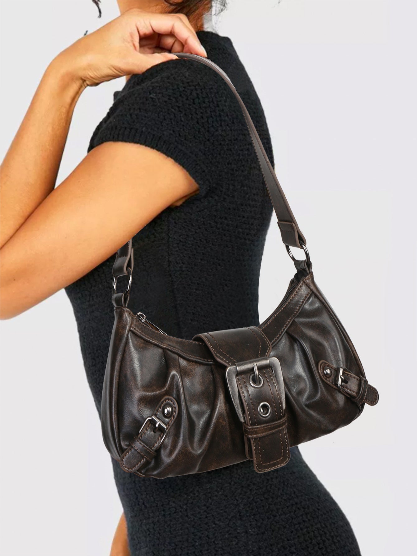 Women's Distressed Faux Leather Hobo Bag – Ruched Buckle Detail