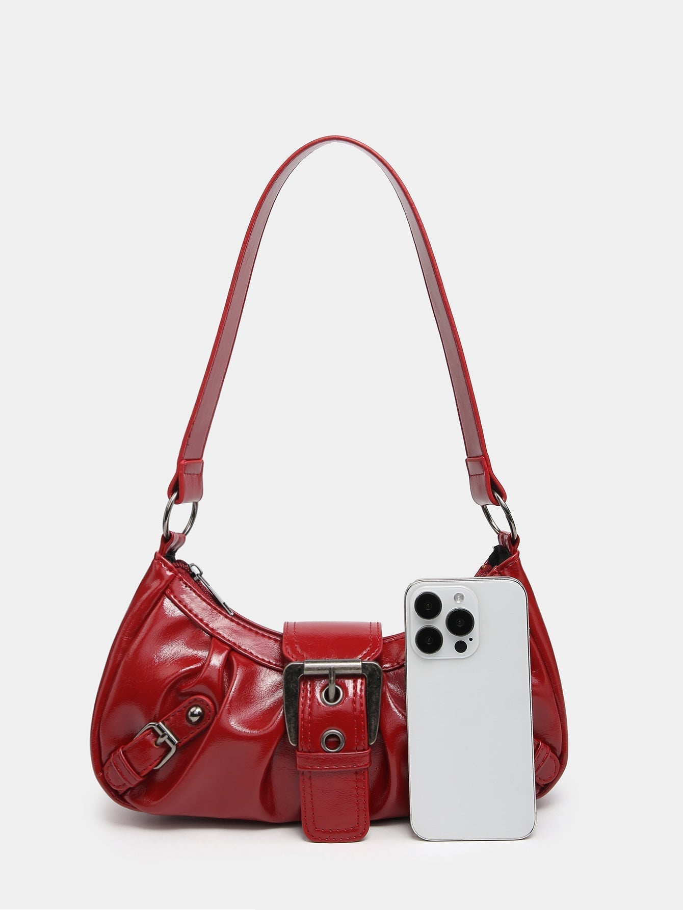 Women's Distressed Faux Leather Hobo Bag – Ruched Buckle Detail