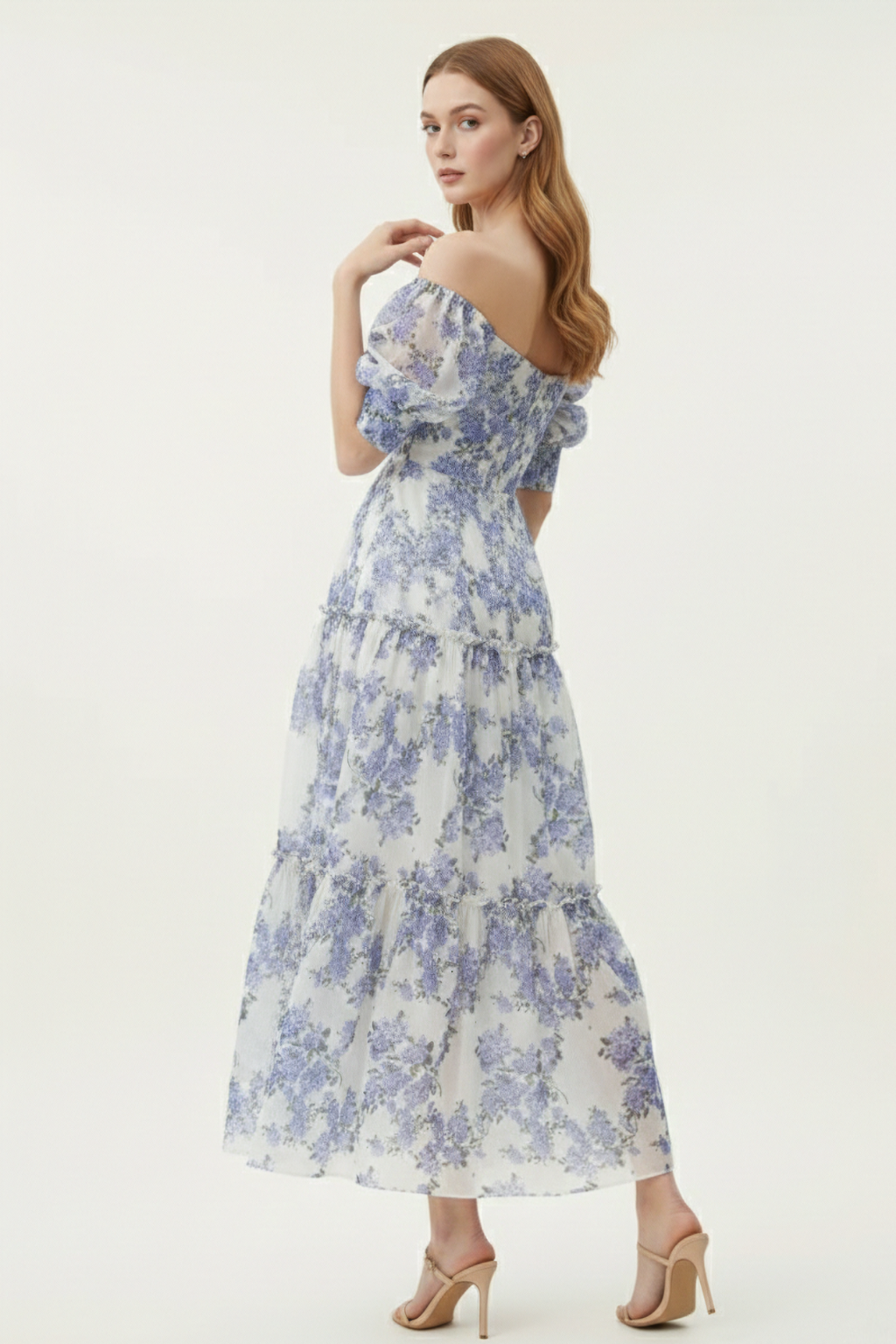 Romantic Off Shoulder Maxi Dress – Puff Sleeve Tiered Gown