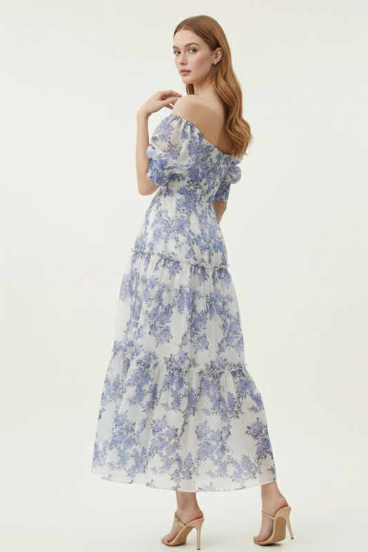 Romantic Off Shoulder Maxi Dress – Puff Sleeve Tiered Gown
