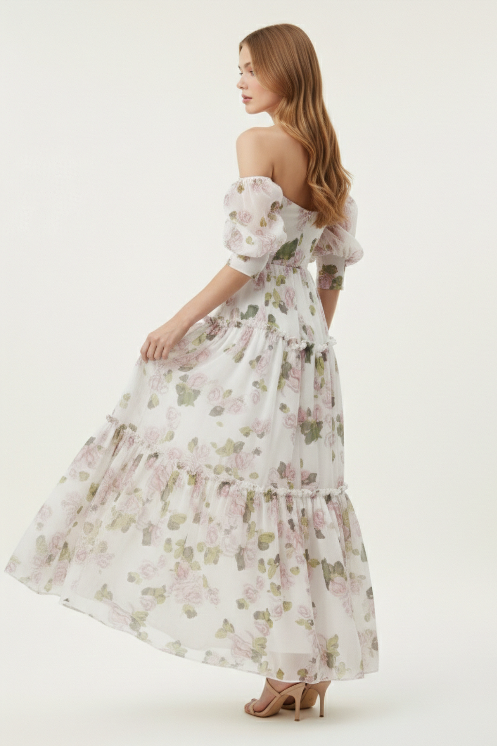 Romantic Off Shoulder Maxi Dress – Puff Sleeve Tiered Gown