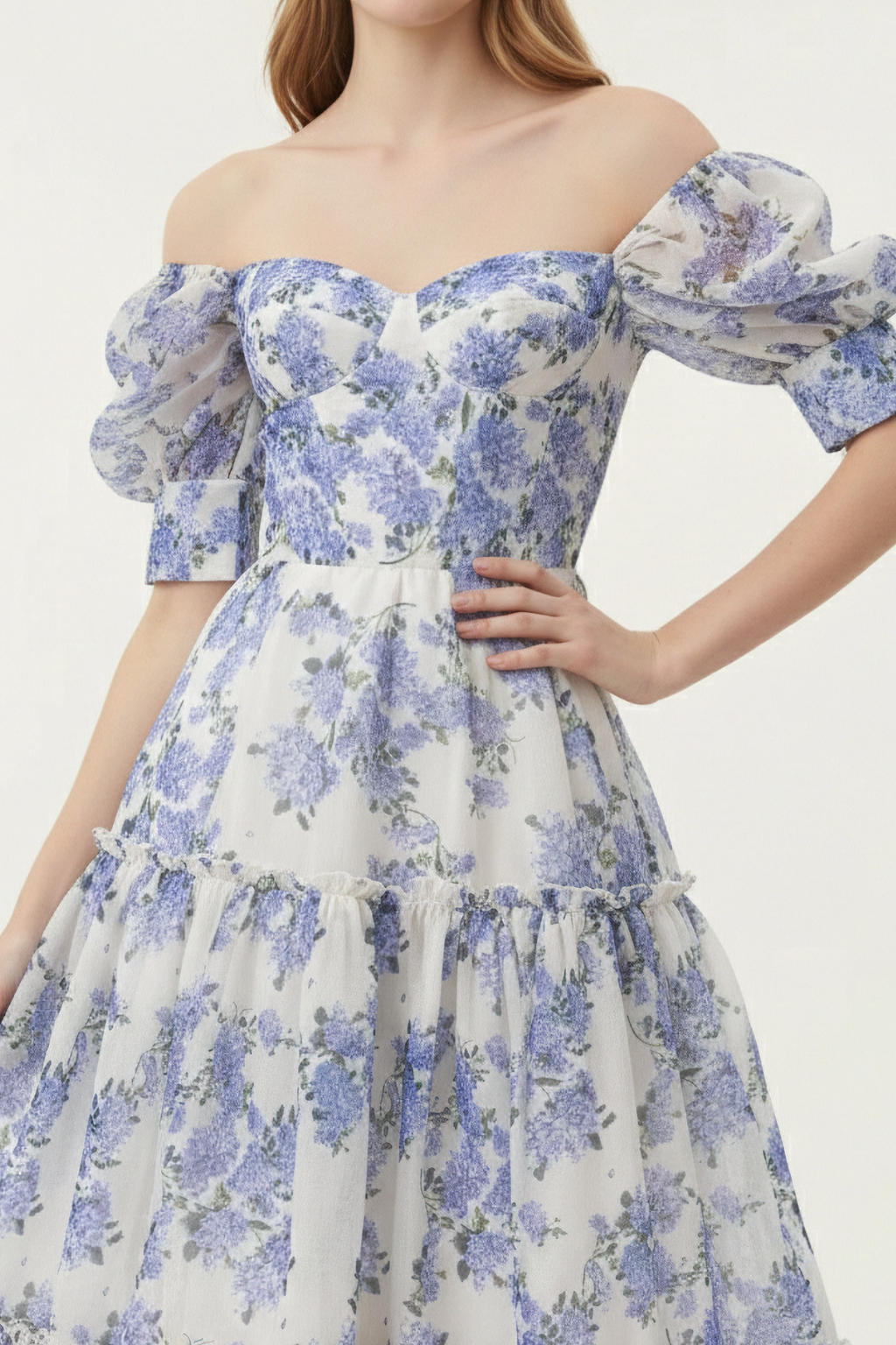 Romantic Off Shoulder Maxi Dress – Puff Sleeve Tiered Gown