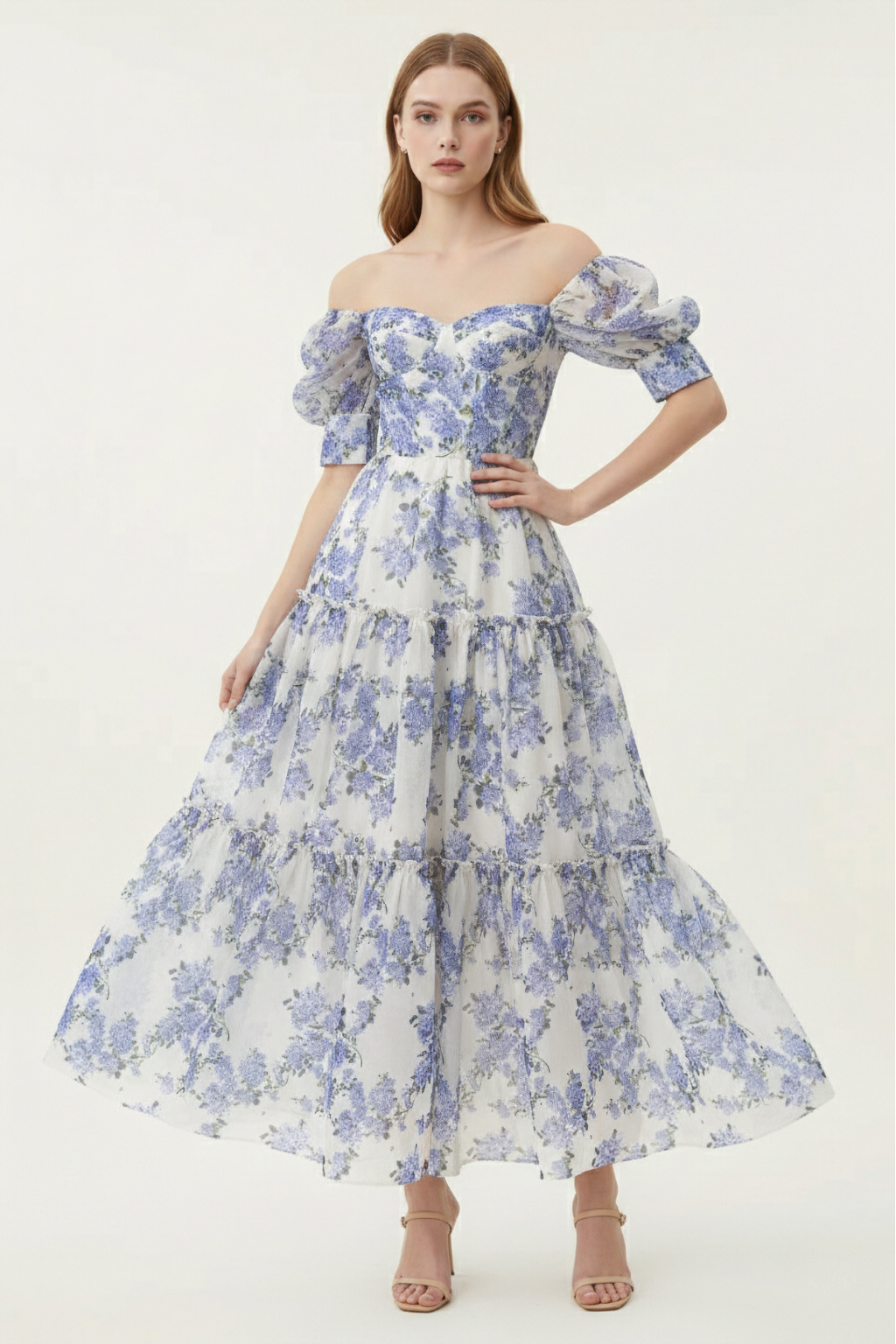 Romantic Off Shoulder Maxi Dress – Puff Sleeve Tiered Gown