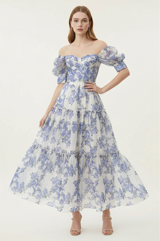 Romantic Off Shoulder Maxi Dress – Puff Sleeve Tiered Gown