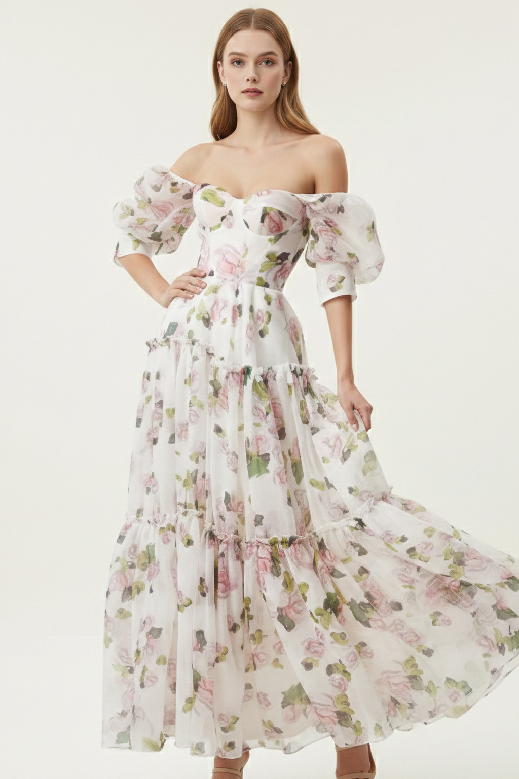 Romantic Off Shoulder Maxi Dress – Puff Sleeve Tiered Gown