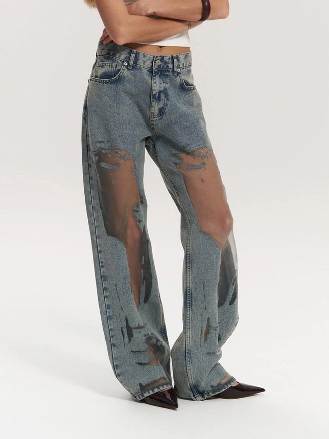 Women's Wide Leg Jeans – Acid Wash Denim with Sheer Cut-out Detail