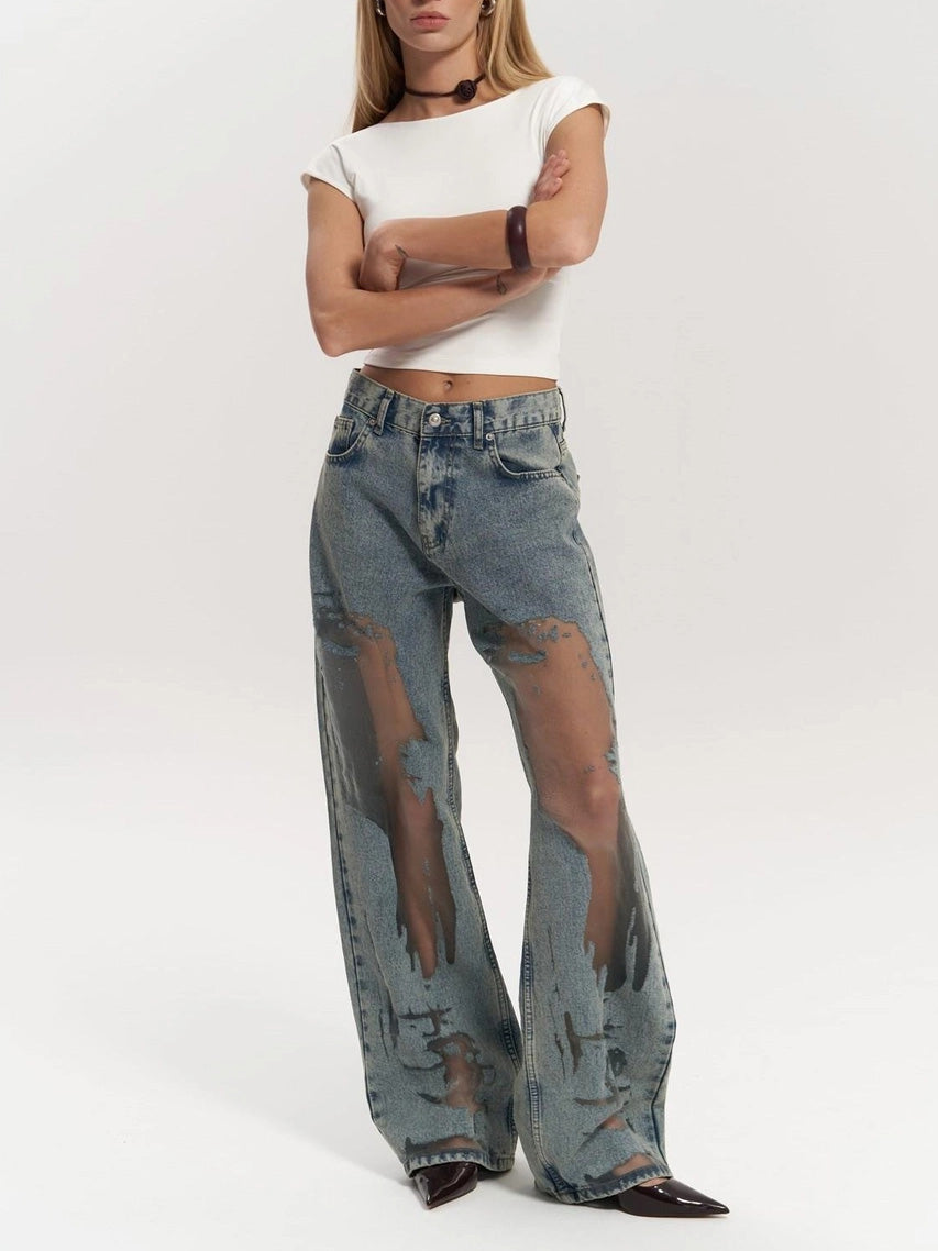 Women's Wide Leg Jeans – Acid Wash Denim with Sheer Cut-out Detail
