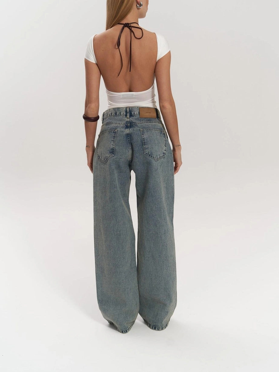 Women's Wide Leg Jeans – Acid Wash Denim with Sheer Cut-out Detail