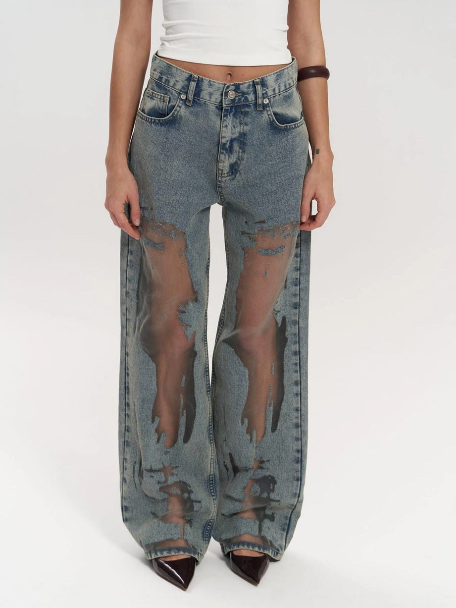 Women's Wide Leg Jeans – Acid Wash Denim with Sheer Cut-out Detail