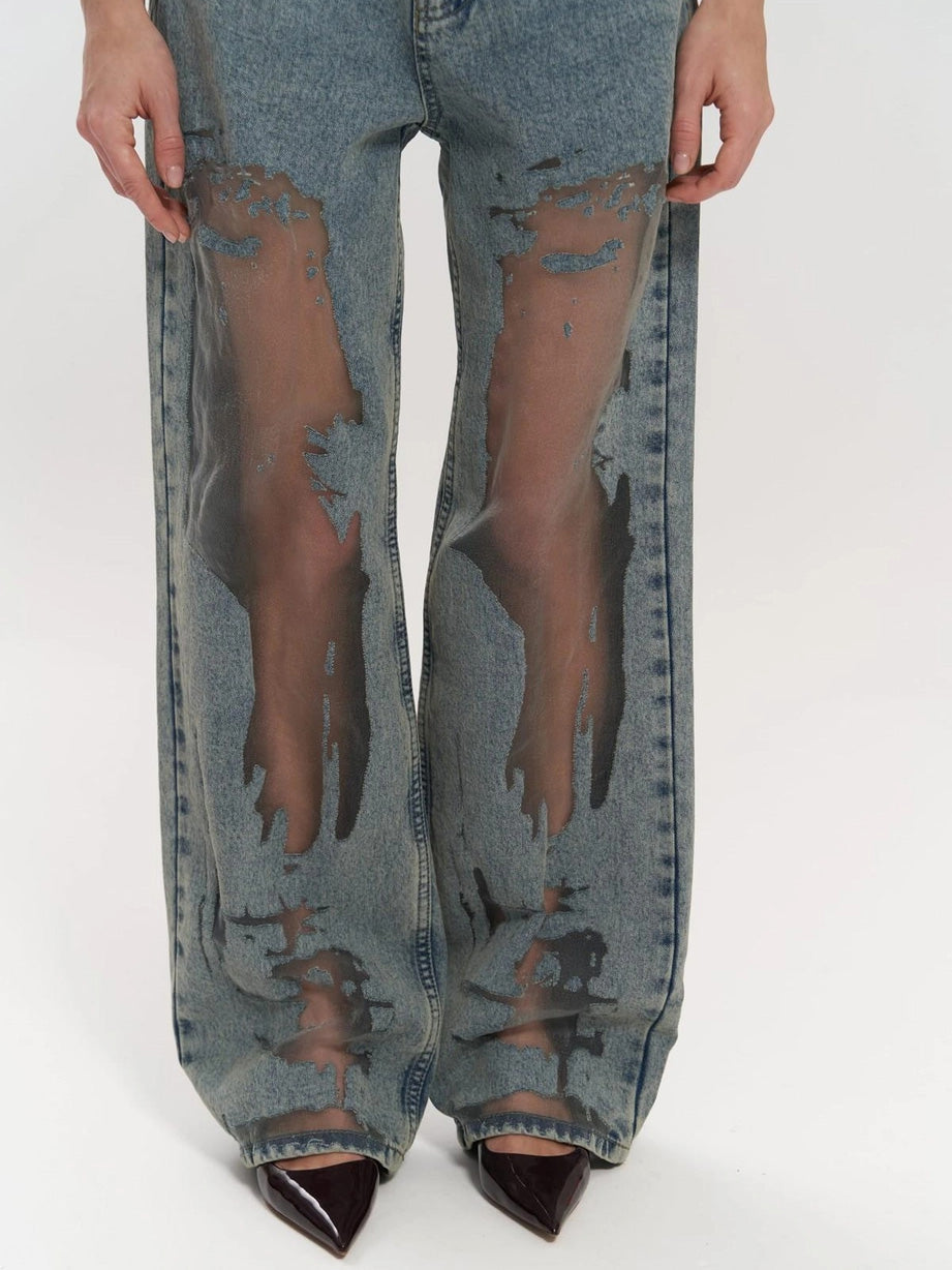 Women's Wide Leg Jeans – Acid Wash Denim with Sheer Cut-out Detail