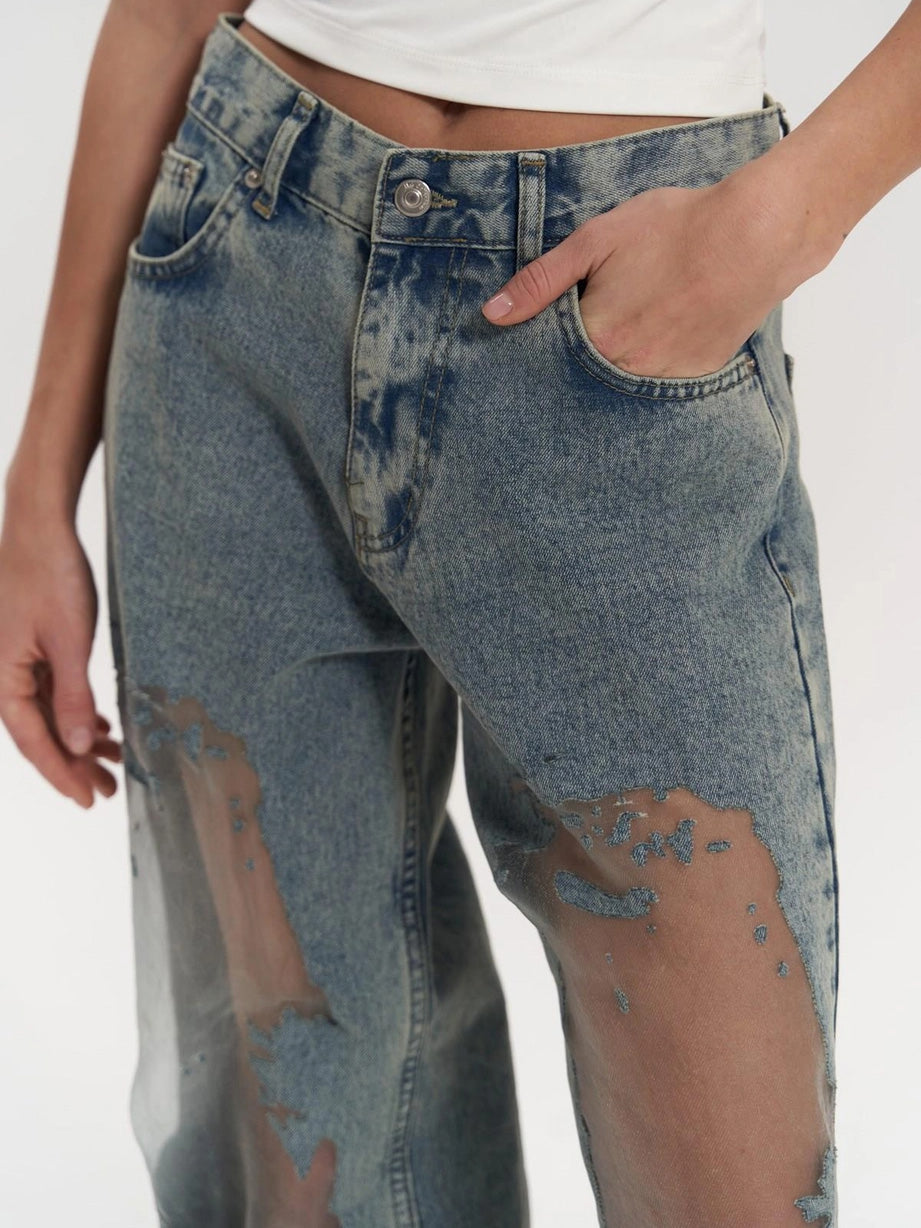 Women's Wide Leg Jeans – Acid Wash Denim with Sheer Cut-out Detail