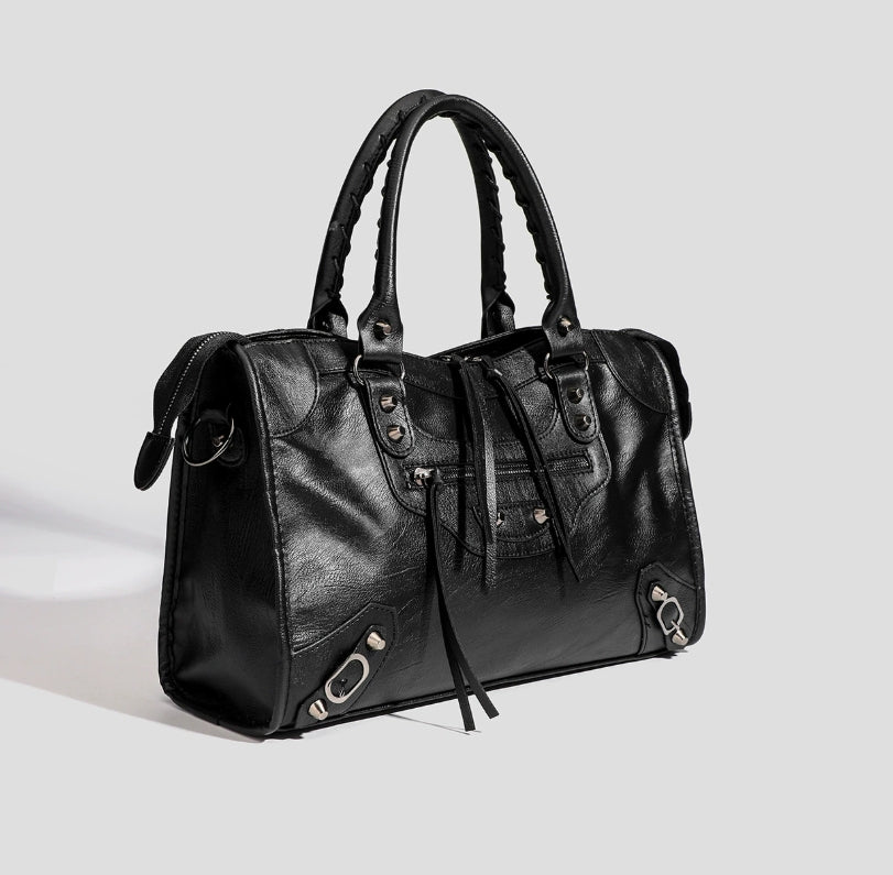 Women's Vegan Leather Tote Bag – Braided Handle & Moto-Inspired Hardware