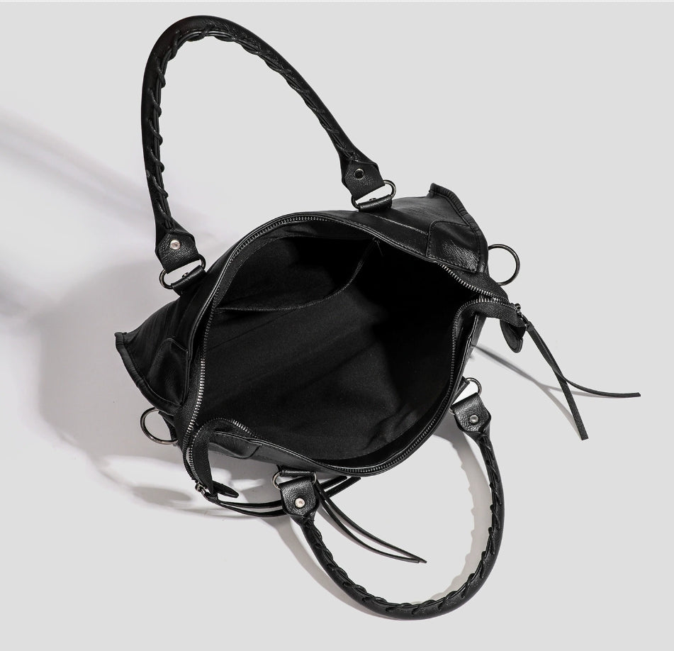Women's Vegan Leather Tote Bag – Braided Handle & Moto-Inspired Hardware