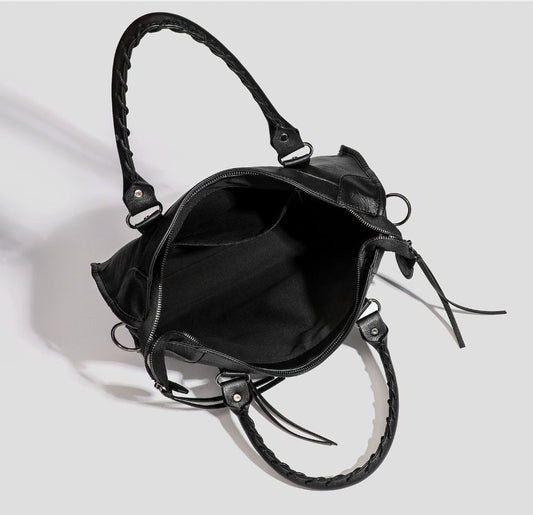 Women's Vegan Leather Tote Bag – Braided Handle & Moto-Inspired Hardware
