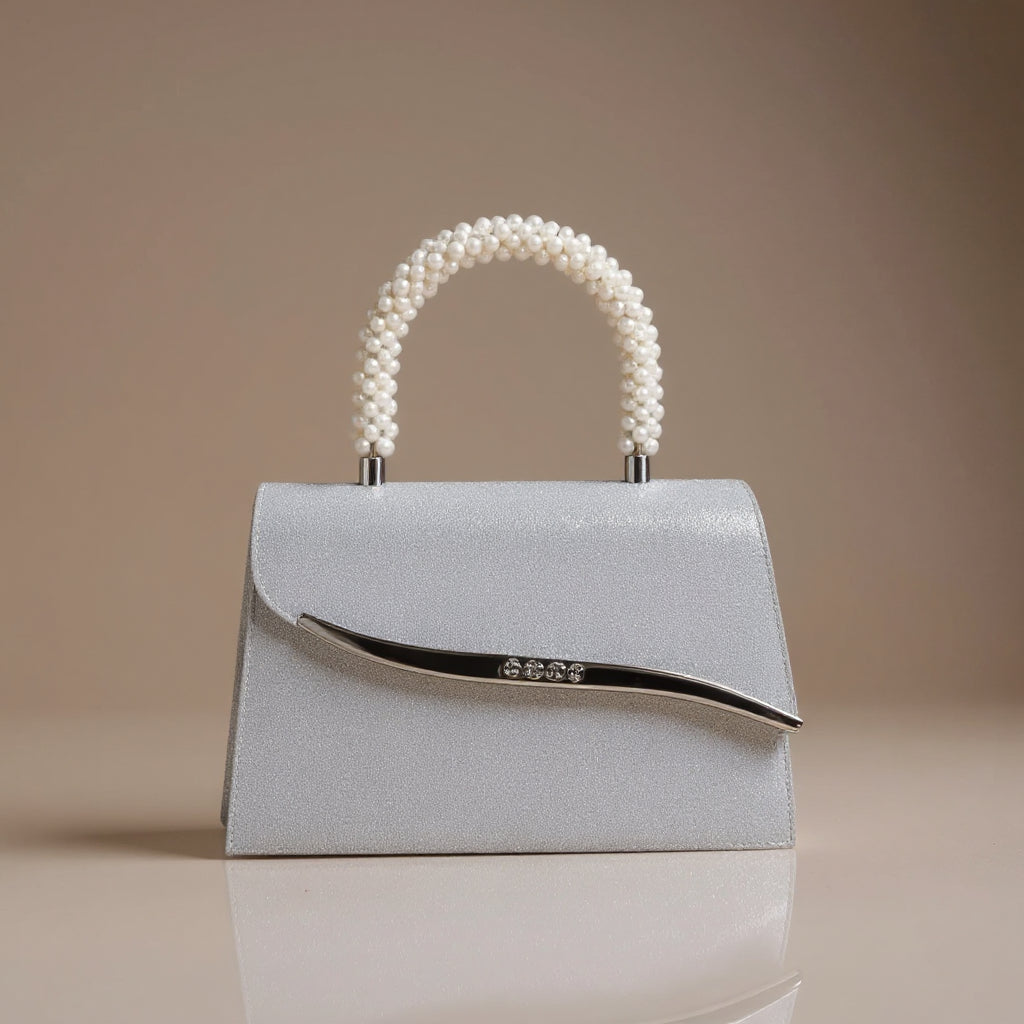 Women's Sequin Evening Bag – Pearl Top Handle & Crystal Clasp Detail