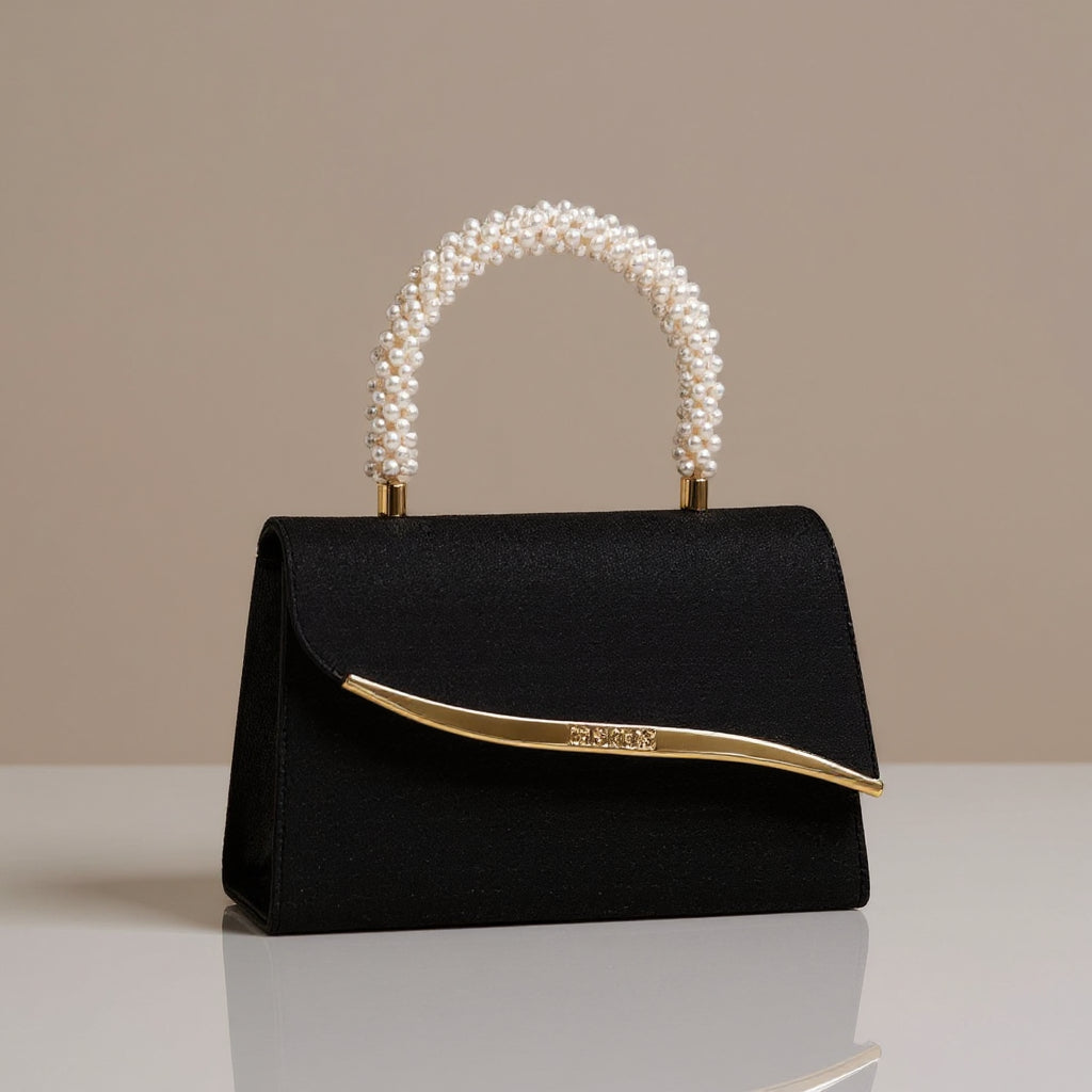 Women's Sequin Evening Bag – Pearl Top Handle & Crystal Clasp Detail