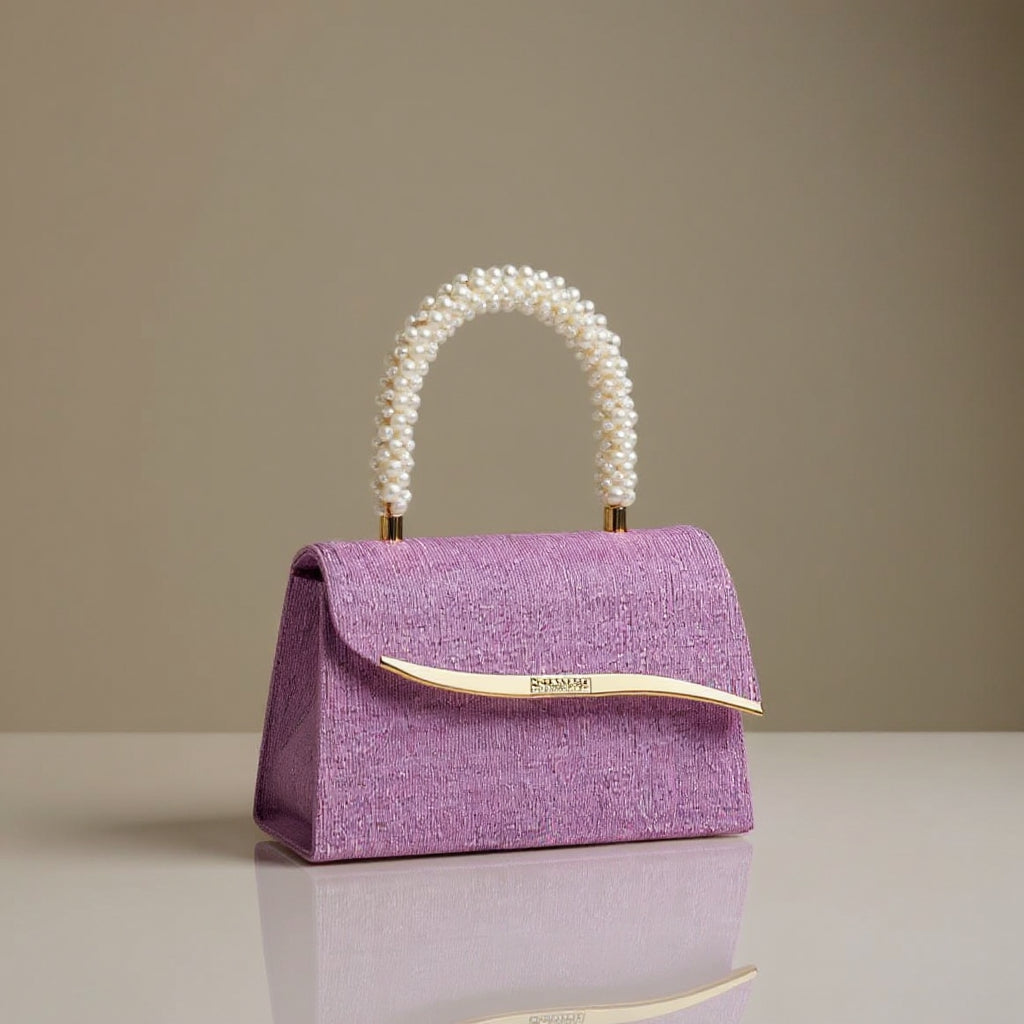 Women's Sequin Evening Bag – Pearl Top Handle & Crystal Clasp Detail