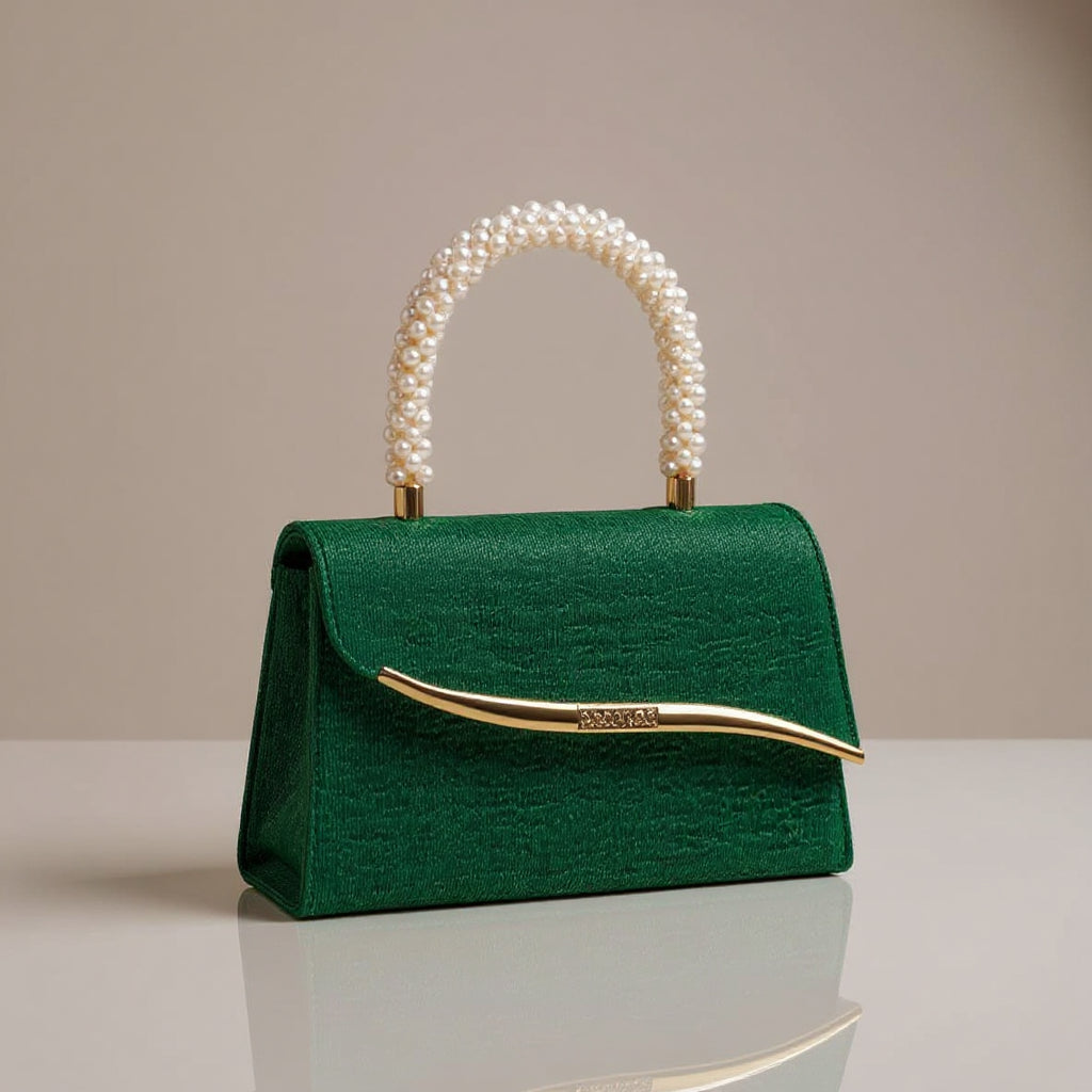 Women's Sequin Evening Bag – Pearl Top Handle & Crystal Clasp Detail