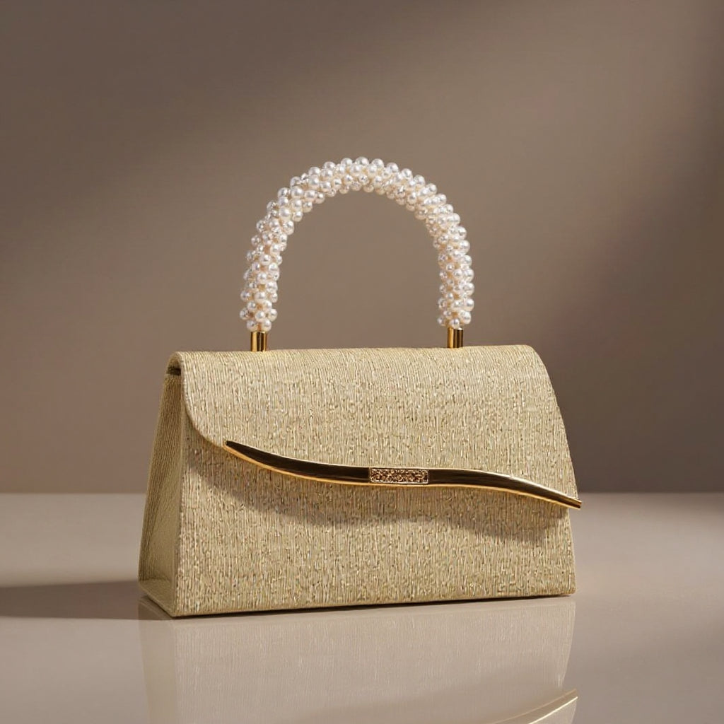 Women's Sequin Evening Bag – Pearl Top Handle & Crystal Clasp Detail
