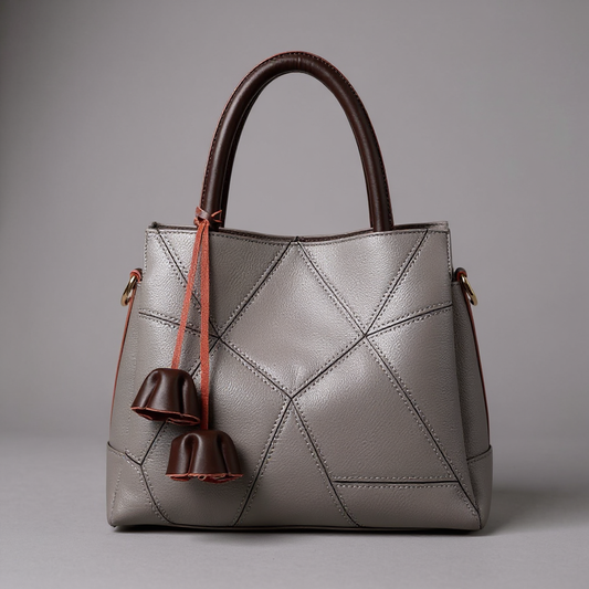 Women's Geometric Patchwork Tote – Structured Top Handle Bag with Tassel Charm