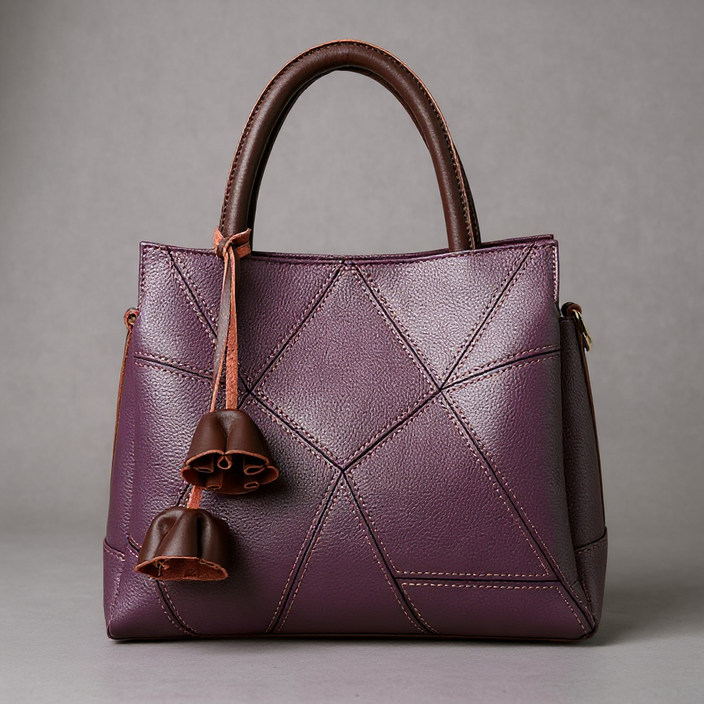 Women's Geometric Patchwork Tote – Structured Top Handle Bag with Tassel Charm