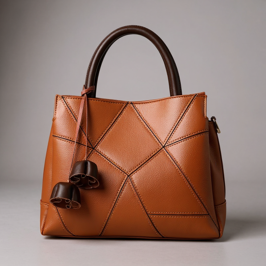 Women's Geometric Patchwork Tote – Structured Top Handle Bag with Tassel Charm
