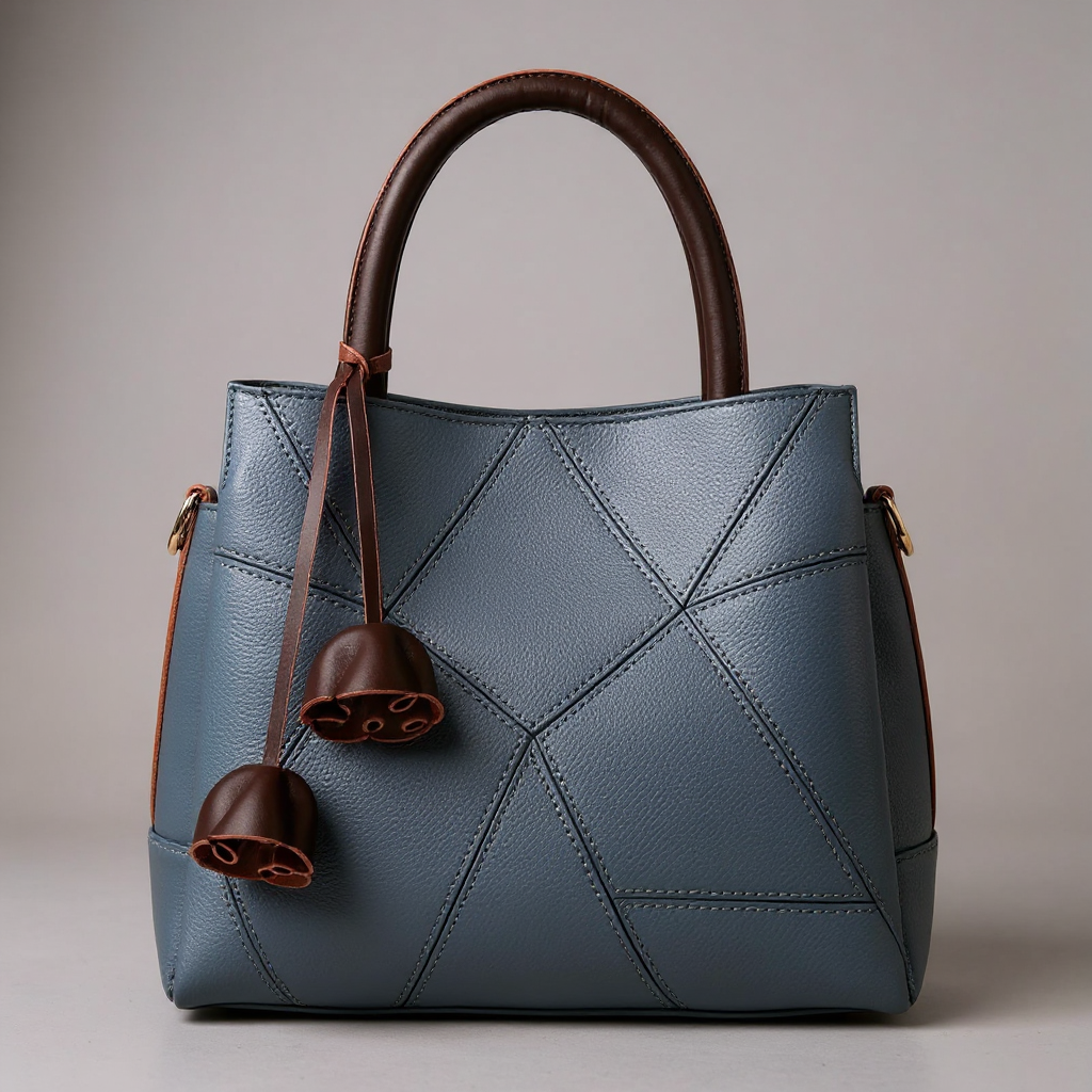 Women's Geometric Patchwork Tote – Structured Top Handle Bag with Tassel Charm