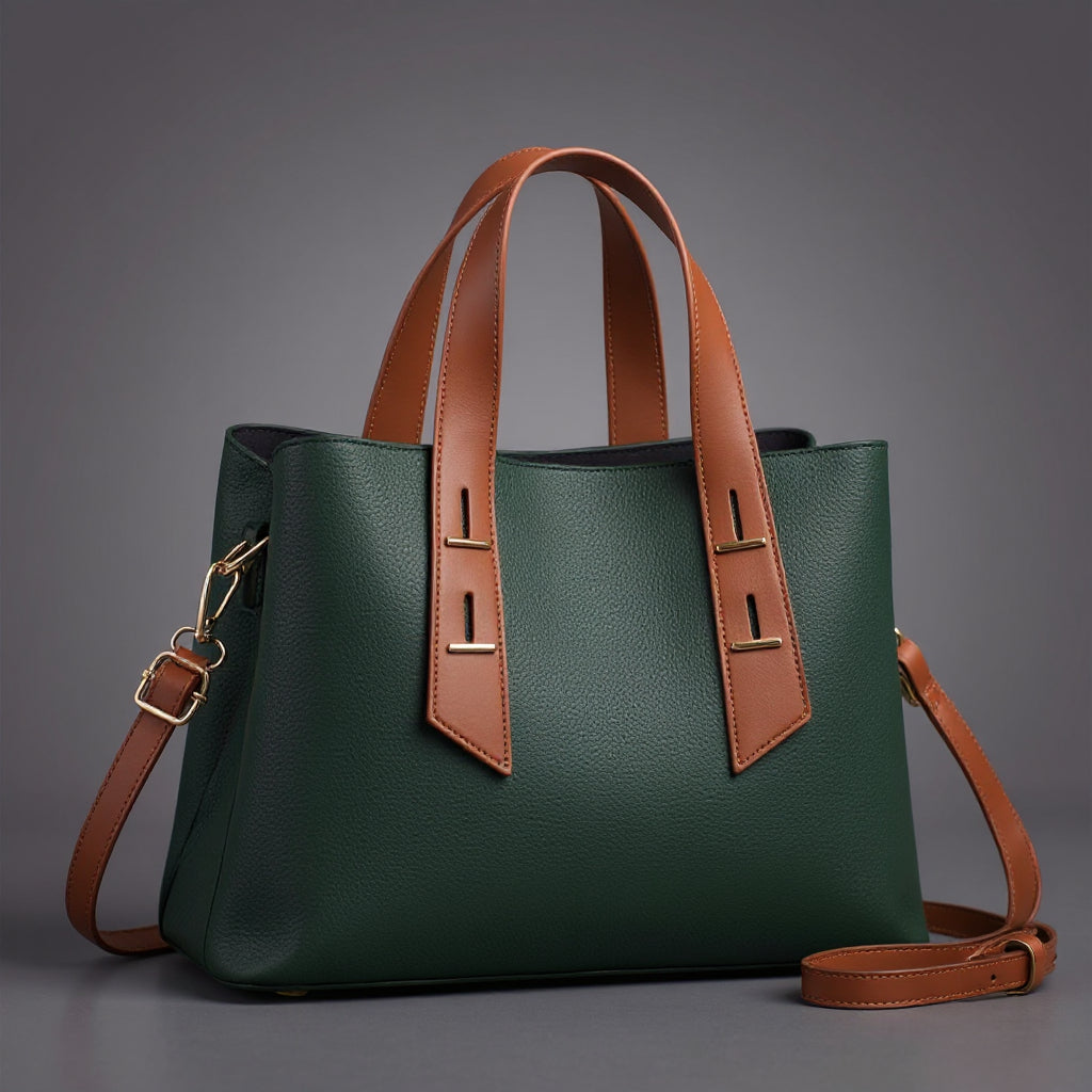 Women's Pebbled Leather Tote Bag – Dual Top Handles & Contrast Strap Detail