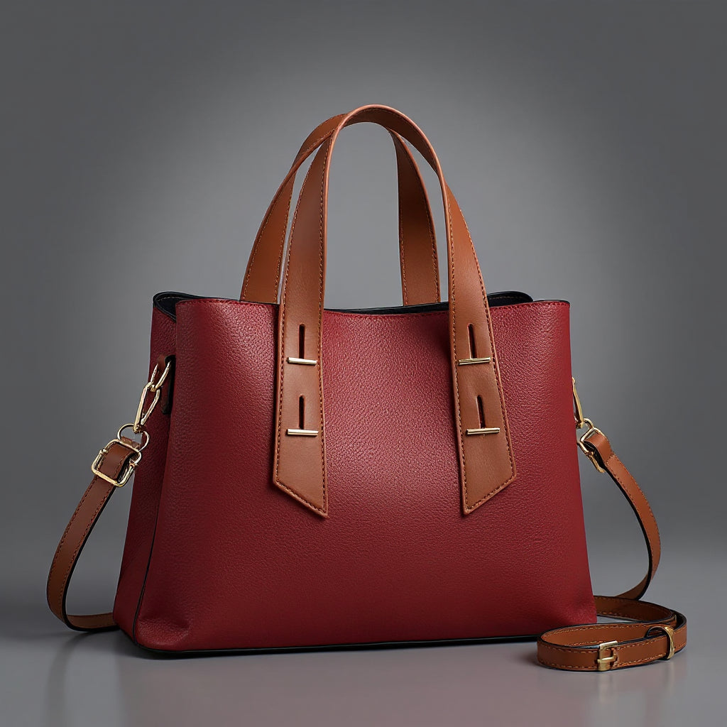 Women's Pebbled Leather Tote Bag – Dual Top Handles & Contrast Strap Detail