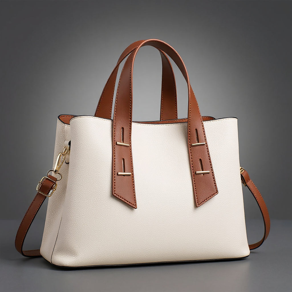 Women's Pebbled Leather Tote Bag – Dual Top Handles & Contrast Strap Detail