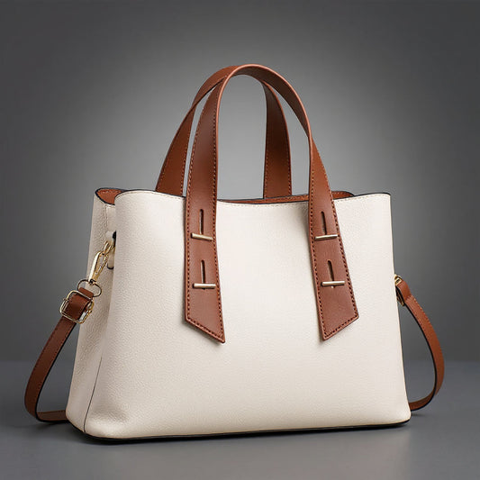 Women's Pebbled Leather Tote Bag – Dual Top Handles & Contrast Strap Detail