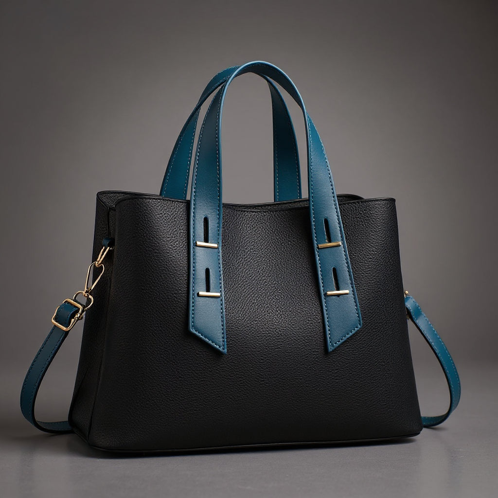 Women's Pebbled Leather Tote Bag – Dual Top Handles & Contrast Strap Detail