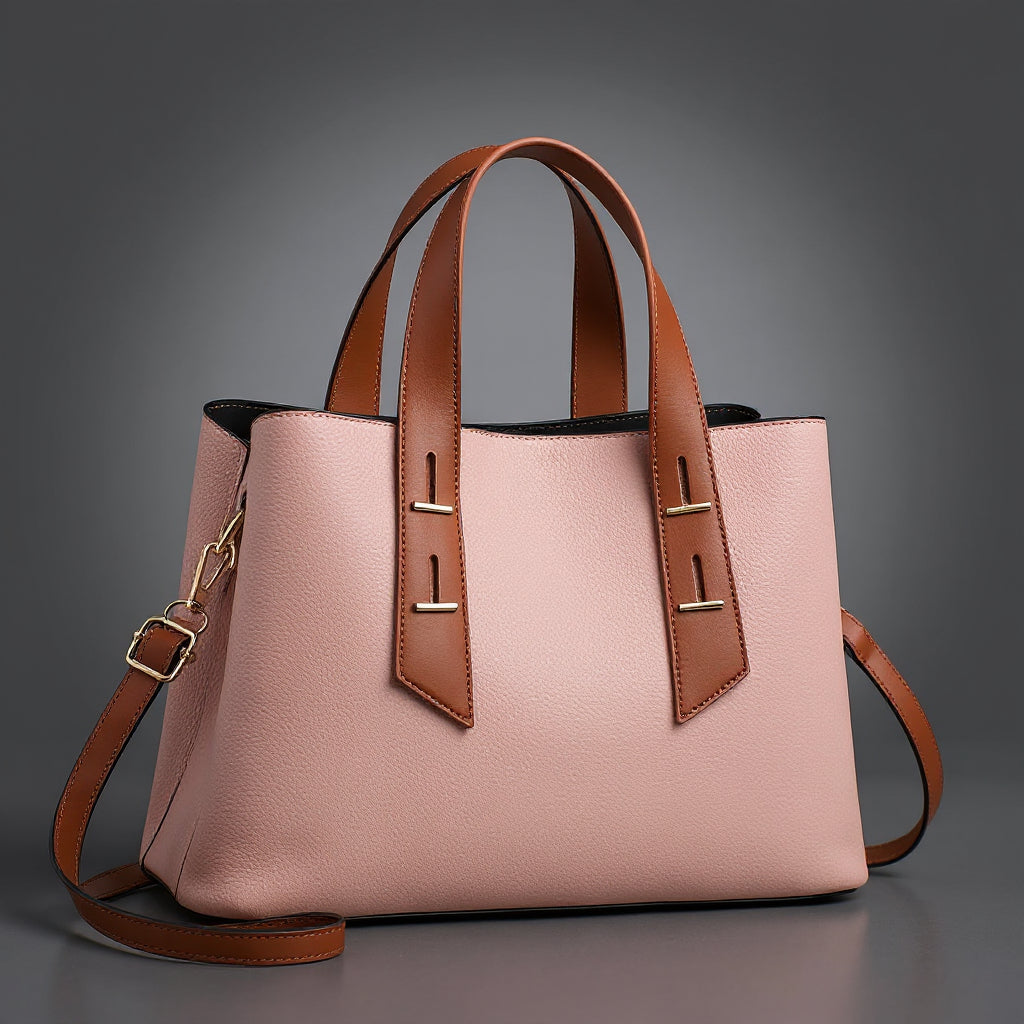 Women's Pebbled Leather Tote Bag – Dual Top Handles & Contrast Strap Detail